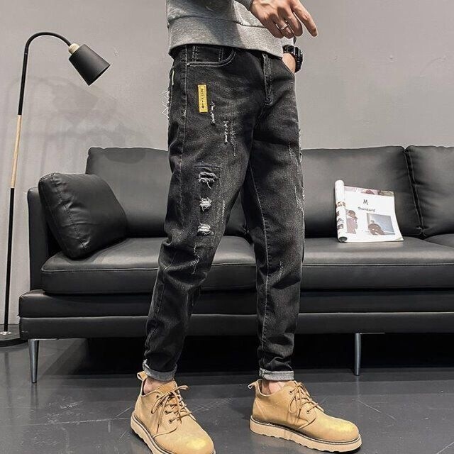 Men's Autumn Korean Style Trendy Brand Ripped Jeans Slim Fit Casual Black Long Pants Men's Autumn Korean Style Trendy Brand Ripped Jeans Slim Fit Casual Black Long Pants