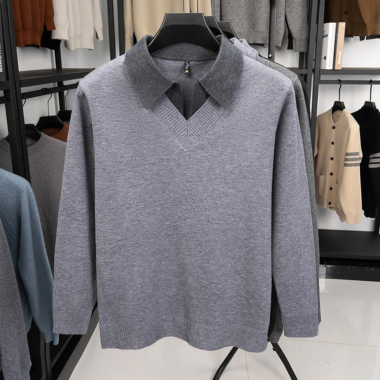 Falsa de dos camisas de cuello de camisa de punto de hombre otoño y invierno nuevos productos de mediana edad negocios ocio suéter suelto chaqueta coreana