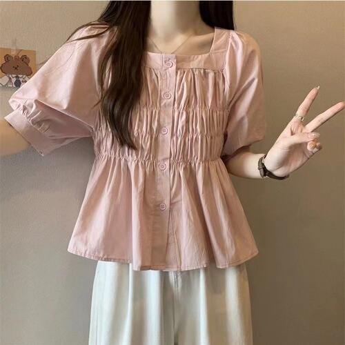 Korean style gentle style bubble sleeve wrinkled shirt for women 2025 new summer short slimming top, foreign style and meat cover