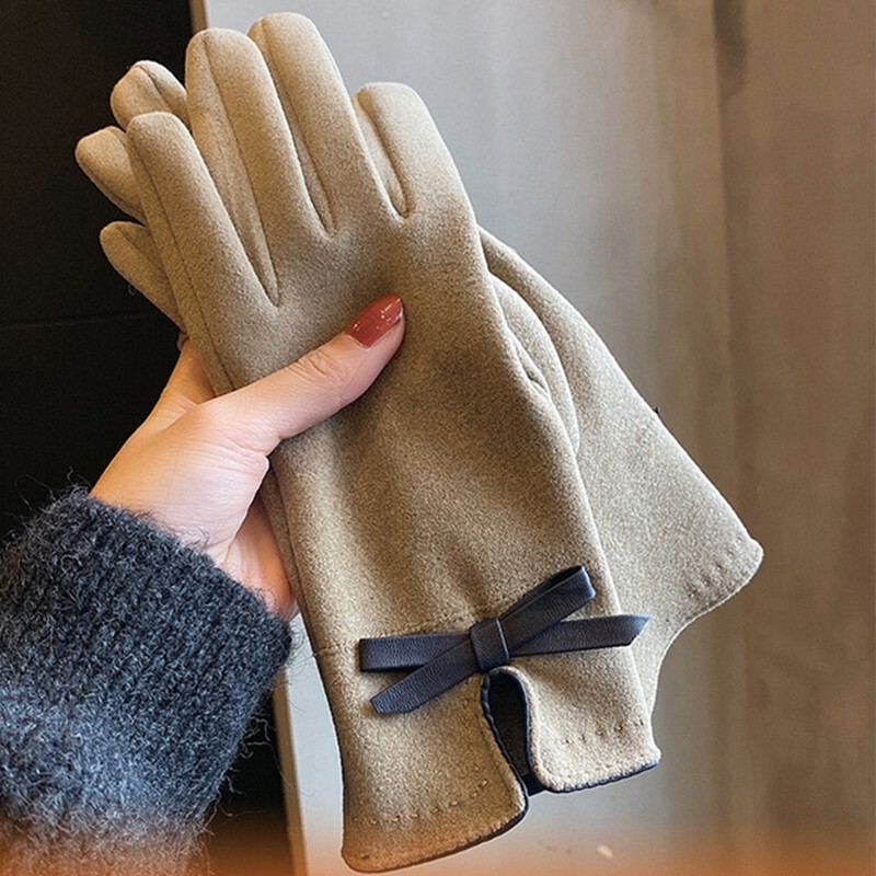 手套女冬季不倒绒手套冬蝴蝶结加绒触屏保暖抓绒骑行开车女士手套|undefined