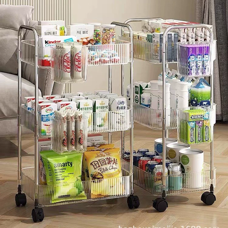 Acrylic Rolling Storage Cart, Multi-Layer 2–4 Tiers, 38×23 cm, Optional Hanging Baskets