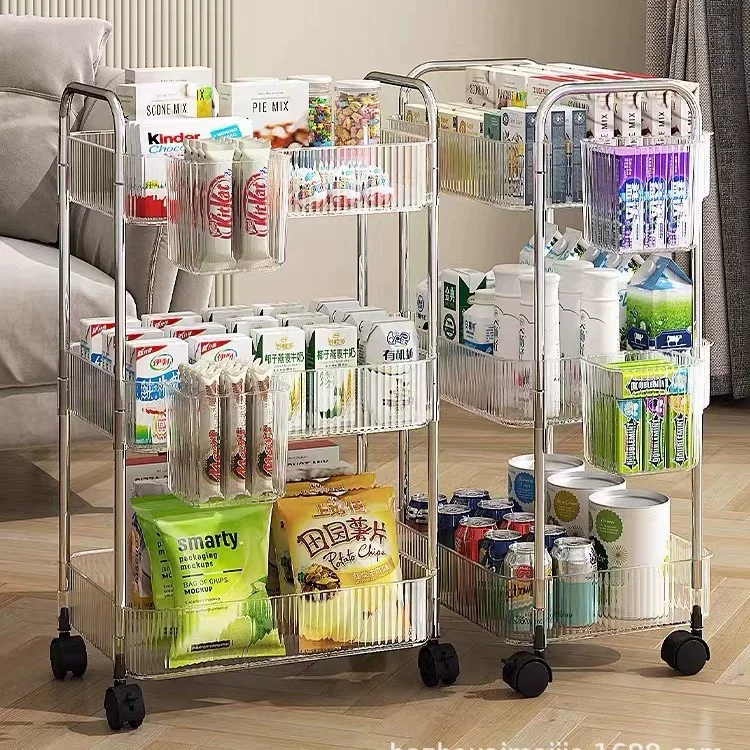 Acrylic Rolling Storage Cart, Multi-Layer 2–4 Tiers, 38×23 cm, Optional Hanging Baskets
