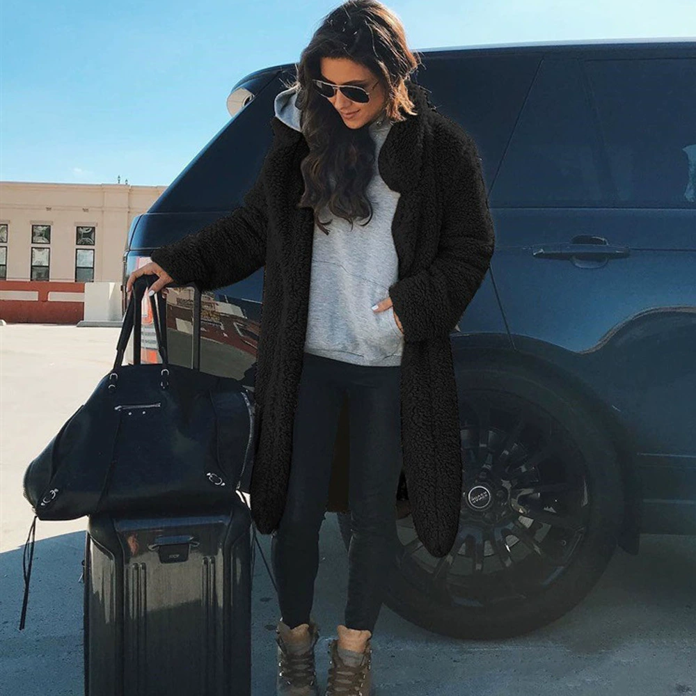 Demi‑season long‑sleeve coat, oversized teddy faux‑shearling, 2018 style, S–XXXL