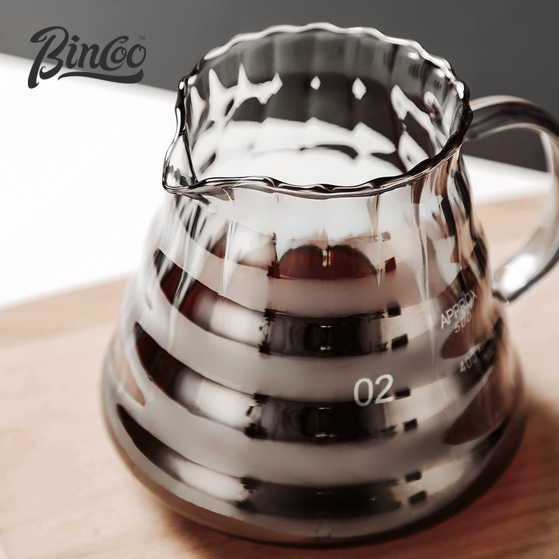 Juego de cafetera de descarga manual de Bincoo, olla para compartir con patrón vertical de vidrio, olla de nube con tapa, juego de taza con filtro de café