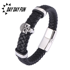 Skull Head Stainless Steel Bracelet Ghost Head Men's Leather Bangle Woven Bracelet Handmade Multi-layered Super Fiber Leather