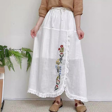 日韩夏季新款森女系刺绣花边苎麻半身裙松紧腰开衩不对称棉麻半截