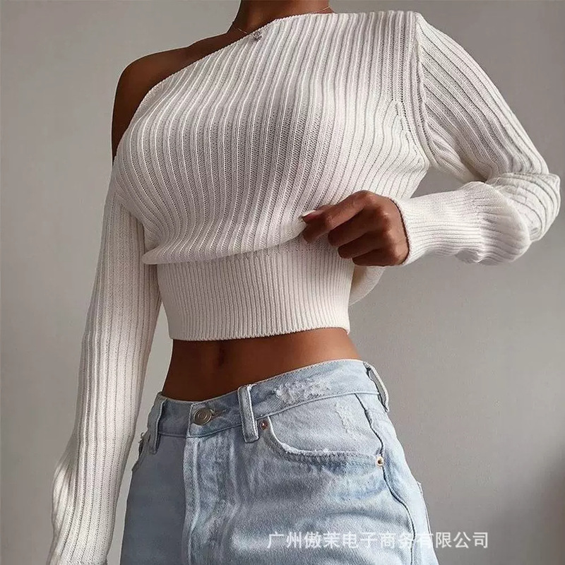 欧米の新型婦人服の上着の斜め肩の短いセーターYDF4767|undefined