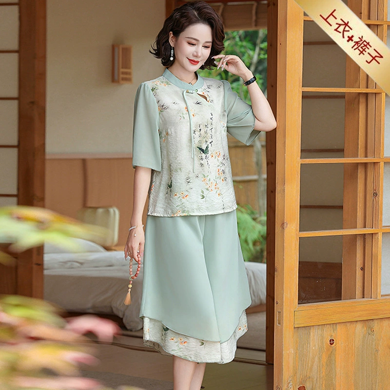 Летний новый костюм мамы в китайском стиле с короткими рукавами