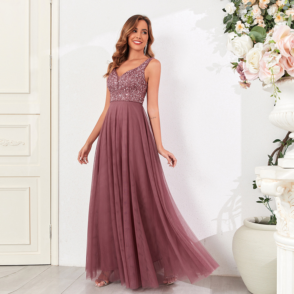 26 nuevo cross-border de malla de mosaico de pañales doble V-collar vestido de fiesta sin mangas grande A vestido de baile grande vestido de mujer
