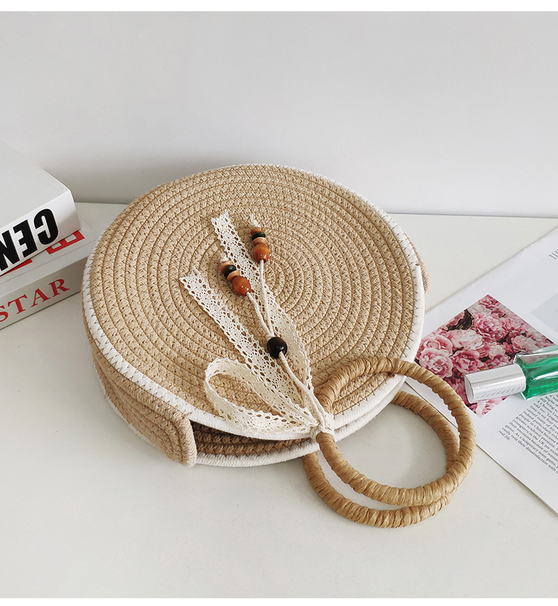 1350g Weight Weave Fashion Element Open Closure Type Top Handle Strap Type Straw Bag Bags Type Holiday, Daily Occasion Cotton Material Solid Color Pattern All Seasons Season Women's Gender Vacation, Beach Style Round Shape Medium Size Women's Medium Cotton Solid Color Vacation Beach Weave Round Open Straw Bag