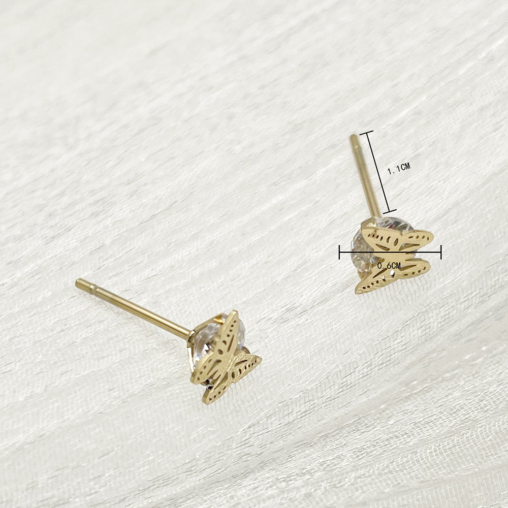 Sweet Butterfly Stainless Steel Plating Inlay Zircon Ear Studs 1 Pair