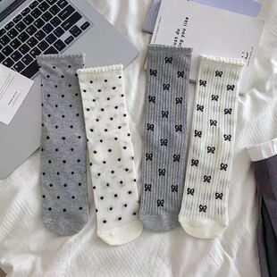 Summer Thin All-match Socks Women's Mesh Bow Polo Dot Lace Mid-tube Socks Hollow College Style Piled Socks