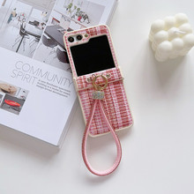 适用三星ZFlip7手机壳小香风编织格纹水钻挂绳新款折叠屏保护套