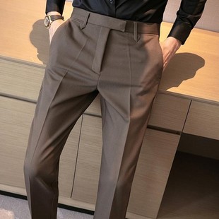 British Yuppie Men's Dress Pants, Coffee Color, High-End, Handsome Formal Business Suit Pants, Slim Fit, Drapey Trousers