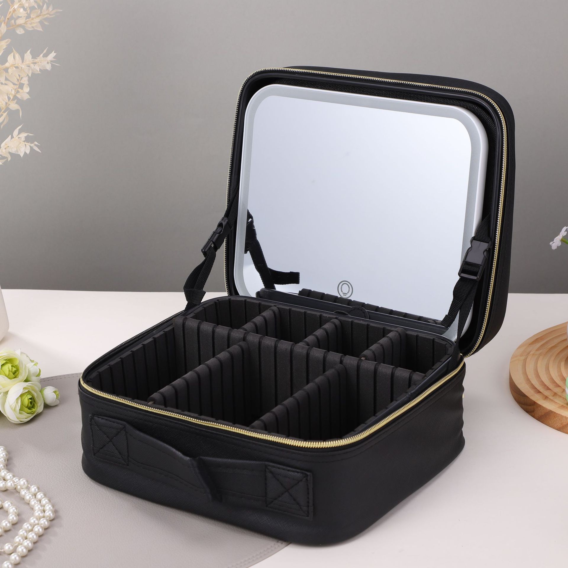 Nuevo tipo con lámpara led espejo de maquillaje bolsa de maquillaje de gran capacidad bolsa de maquillaje de viaje caja de maquillaje portátil