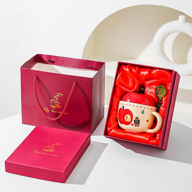 Regalos de Año Nuevo, copas de manzana retrógradas con tapa y cucharas, cajas de regalo para regalo de cumpleaños para amigos.