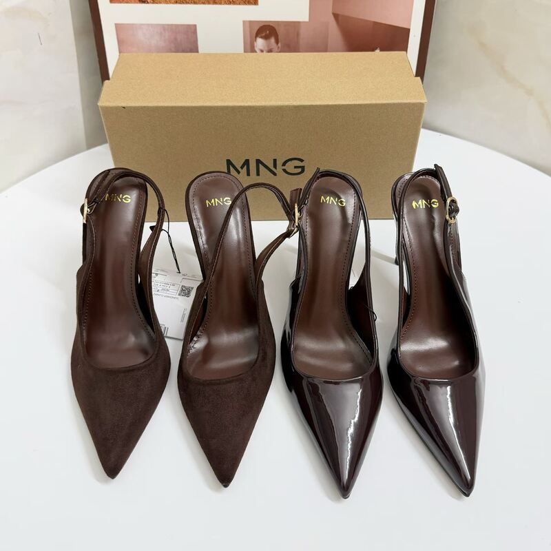 Mng Mango 2026 Spring and Summer New European and American Style High Heels for Women, Pointed Toe, Single Strap, Stiletto Heel, Patent Leather, Back Strap Sandals