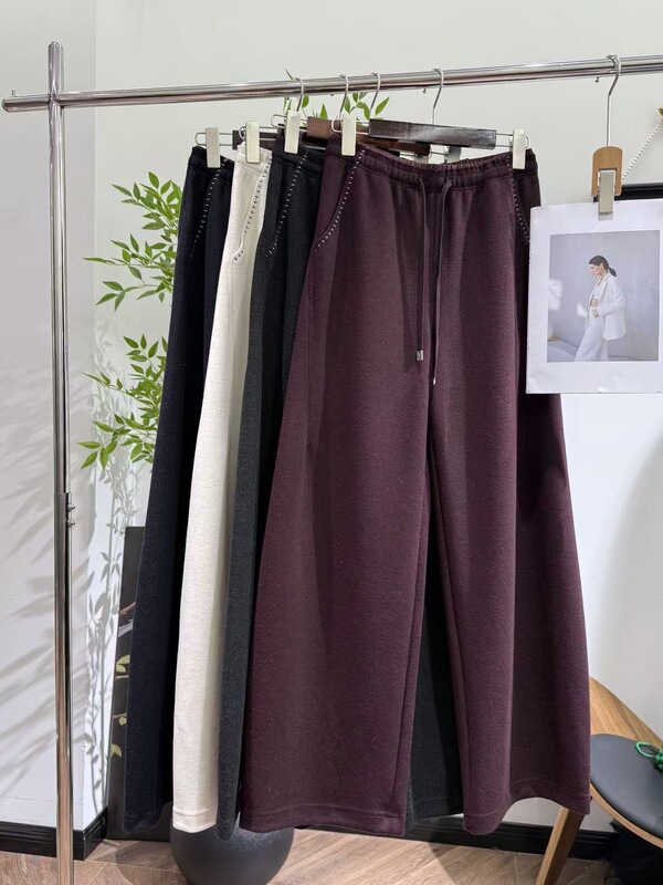 2025 Early Autumn New Fashion Elastic Waist Drawstring Slim Straight Wide Leg Casual Pants for Women