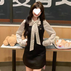 早秋日系甜美小个子假两件连衣裙女秋季新款蝴蝶结学生包臀短裙子