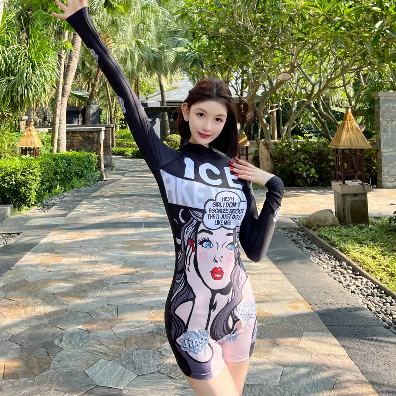 泳衣女连体平角保守卡通遮肚冲浪长袖防晒温泉学生沙滩浮潜游泳衣