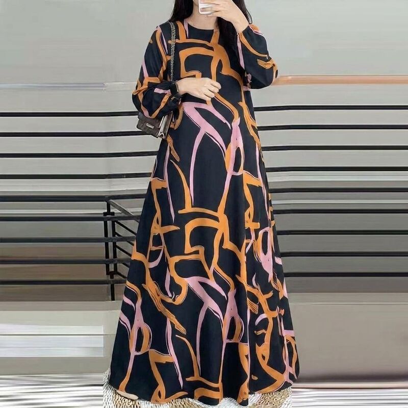 In-stock cross-border new model printed Malay dress, full-sleeve round-neck long robe dress, factory wholesale In-stock cross-border new model printed Malay dress, full-sleeve round-neck long robe dress, factory wholesale
