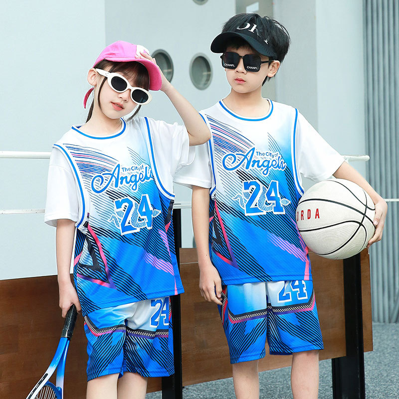 Summer Children's Basketball Suit suit Boys and Girls Quick-drying Outdoor Training Suit Baby Short-sleeved Fake Two-piece Sportswear