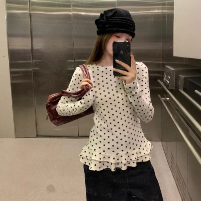 长袖t恤女2025新款秋季打底衫韩系穿搭设计感波点荷叶边白色上衣|undefined