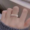 Line minimalistic fashionable brand ring, silver 925 sample, on index finger