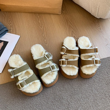 2024拖鞋女外穿冬季大码时尚百搭皮带扣软皮舒适加绒厚底毛毛拖