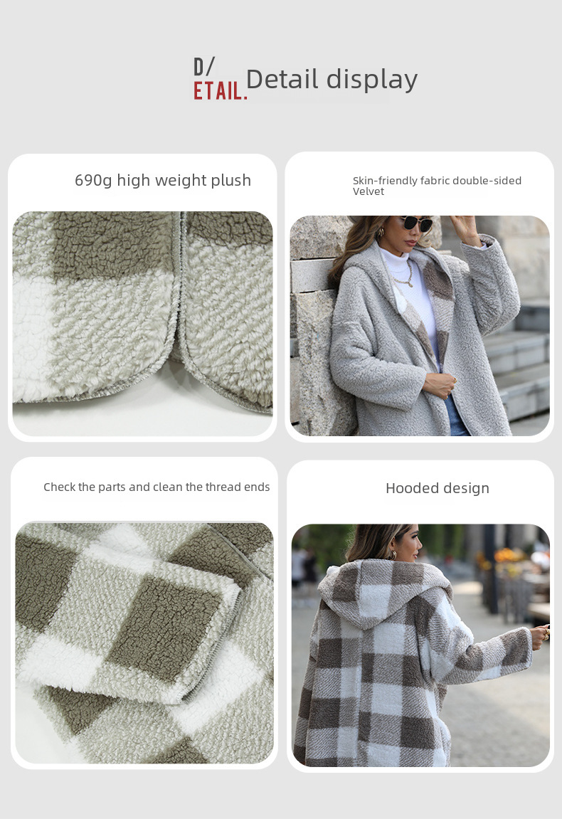 Flash Velvet European and American New Casual Plush Women's Hooded Regular Long Sleeve Loose Plaid Bubble Velvet Coat_voghion.com