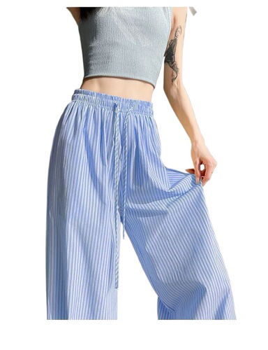 Korean-style relaxed-fit dopamine-striped wide-leg pants—summer, thin, high-waisted, straight-cut, loose-fitting, casual, floor-length trousers