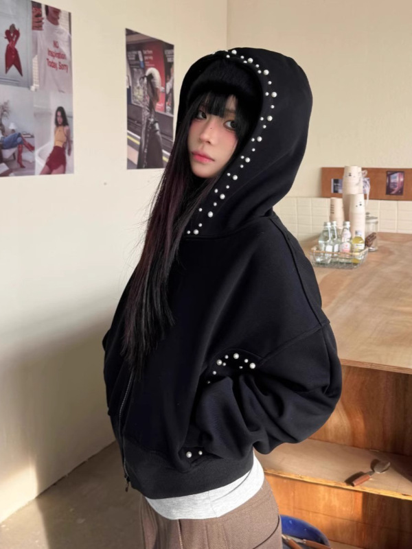 美式街头vibe珍珠立体短款连帽卫衣外套男女秋冬季百搭休闲上衣潮|undefined