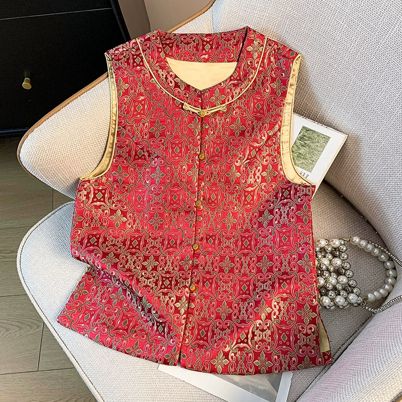 Новый жаккардовый парчовый темпераментный жилет весной и осенью дикий стиль новый китайский стиль ретро пряжка короткий кардиган