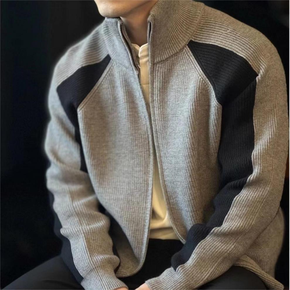 Strickpullover für Herbst und Winter, Herren-Cardigan mit kontrastierendem Reißverschluss, locker gestrickt_voghion.com