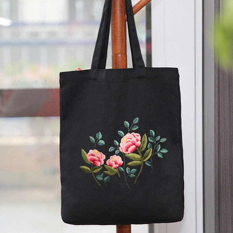 Hecho a mano DIY cinta bordada bolsa de lona Lu bordado solo hombro bolso tridimensional bordado flor lienzo mujer bolsa grande