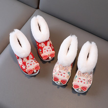 冬款加绒加厚兔子挂珠软底儿童绣花鞋女童汉服鞋手工布鞋拜年鞋