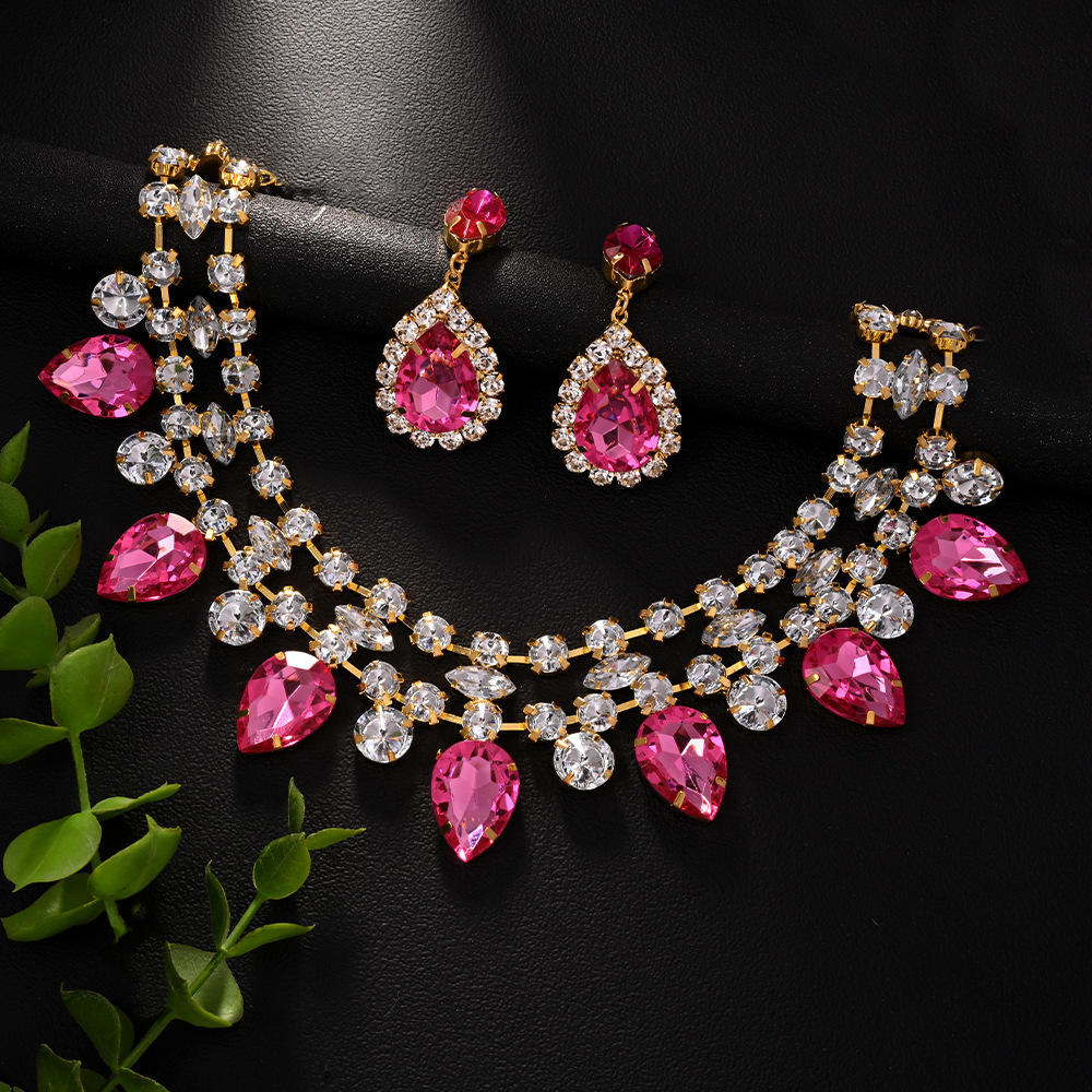 Juego de joyas de gotas de agua de AliExpress, cadena de clavícula de diamantes de imitación exagerada, pendientes simples, accesorios de diamantes completos, Jewelry Set