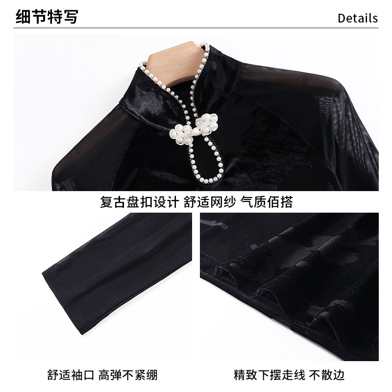 2023 nuevas mujeres perla hebilla de manga larga Camiseta interior de terciopelo nuevo estilo chino camisa de fondo de malla para mujer image 3