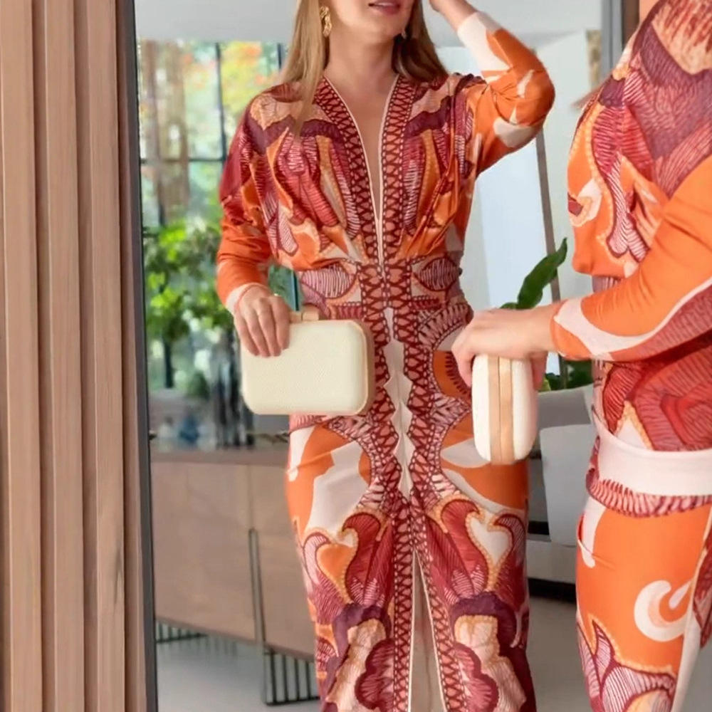Baroque Print Long Sleeve Midi Dress – Deep V-Neck Slim Fit Retro Elegance (S-XL, Orange)_ecoleips.com