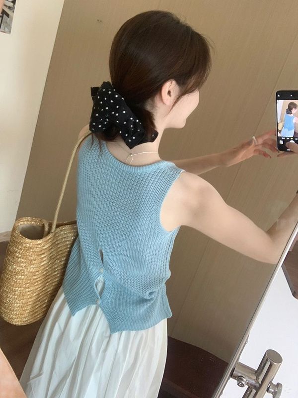 2025 新しい夏のノースリーブアイスシルクキャミソール女性のデザインバックボタンニット中空スタイルトップ|undefined
