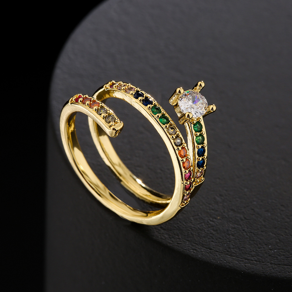 fashion copper 18K gold zircon pearl irregular hollow open ring female