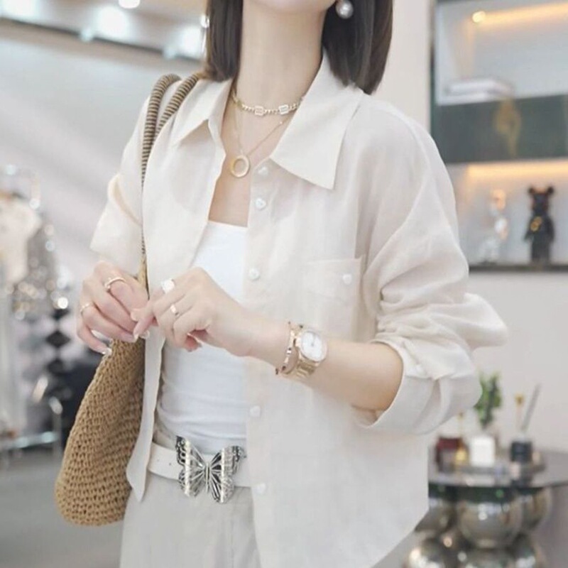 Summer White Cardigan Chiffon Sun Protection Shirt Long-Sleeved New Fashion Thin Lapel Short Solid Color Jacket