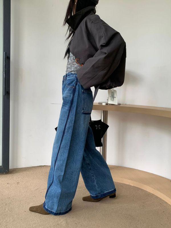 秋上新 美式立体分割撞色弯刀裤高腰显瘦宽松牛仔裤女款直筒长裤|undefined