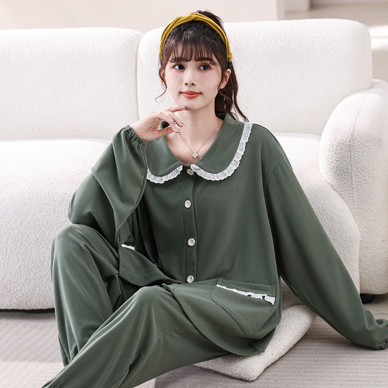 plus size Solid Color Pajamas Women's Doll Collar Lace Home Clothes Spring and Autumn Korean Style chubby girl Long Sleeve Trousers Cardigan suit plus size Solid Color Pajamas Women's Doll Collar Lace Home Clothes Spring and Autumn Korean Style chubby girl Long Sleeve Trousers Cardigan suit