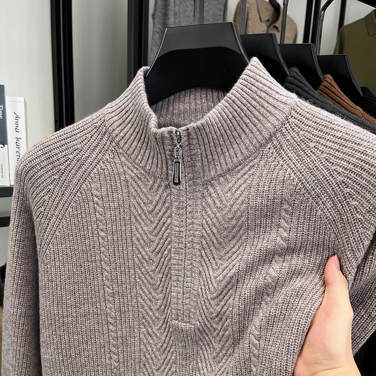 Suéter de lana hombre de media altura con cremallera collar suéter de invierno Jacquard cálido suéter de punto casual juvenil
