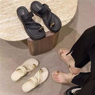 Heli shark summer solid color new square toe fashion platform sandals beach flat casual toe women's slippers