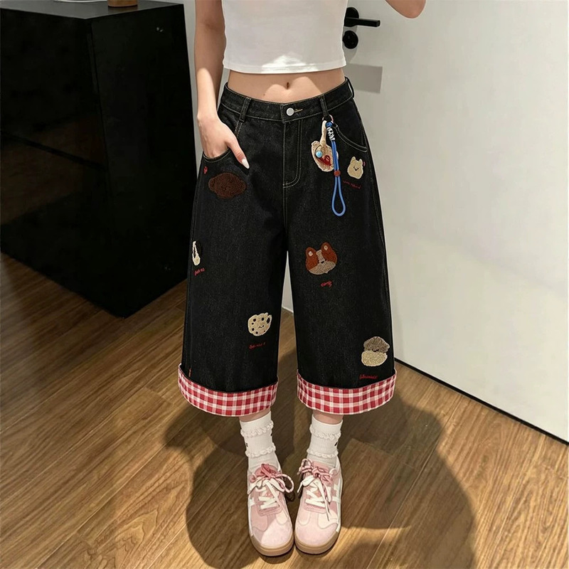 Factory Custom-Made Women's Summer New Loose Wide-Leg Cropped Jeans with Embroidered Dog Design and Rolled Hem Plaid Factory Custom-Made Women's Summer New Loose Wide-Leg Cropped Jeans with Embroidered Dog Design and Rolled Hem Plaid