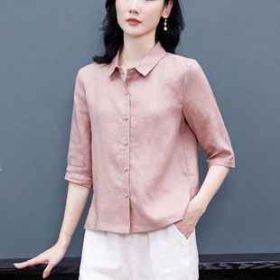 You Are the Most Trendy Imitation Cotton and Linen Shirt, New Fashionable Mother's Wear, Three-Quarter Sleeve Linen Large Size Loose Slimming Casual Top