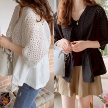 2025韩国气质短款宽松蕾丝棉麻衬衫空调开衫防晒衣外套