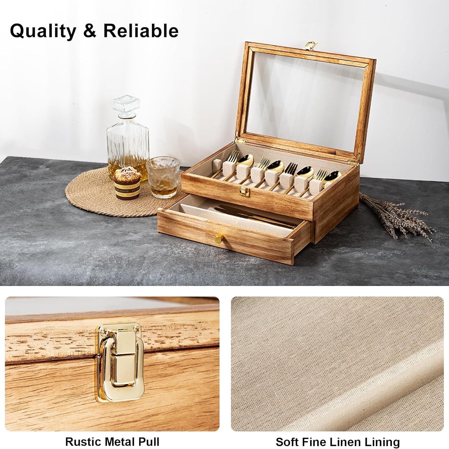 Platería de madera con cajón Embalaje Caja de madera Cocina Cuchillos, tenedores y cucharas de madera maciza de doble capa Caja de almacenamiento de vajilla Caja de joyería para el hogar